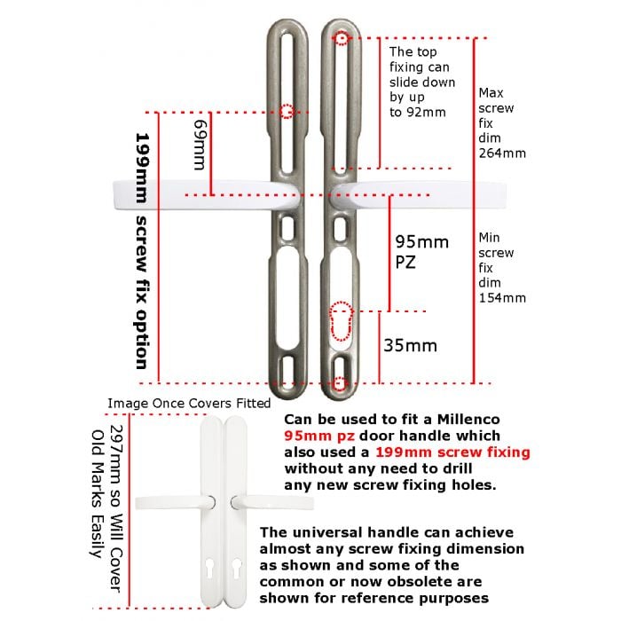 Polished Chrome Upvc Door Handle 199mm Screw Fix 95mm pz Millenco Lock
